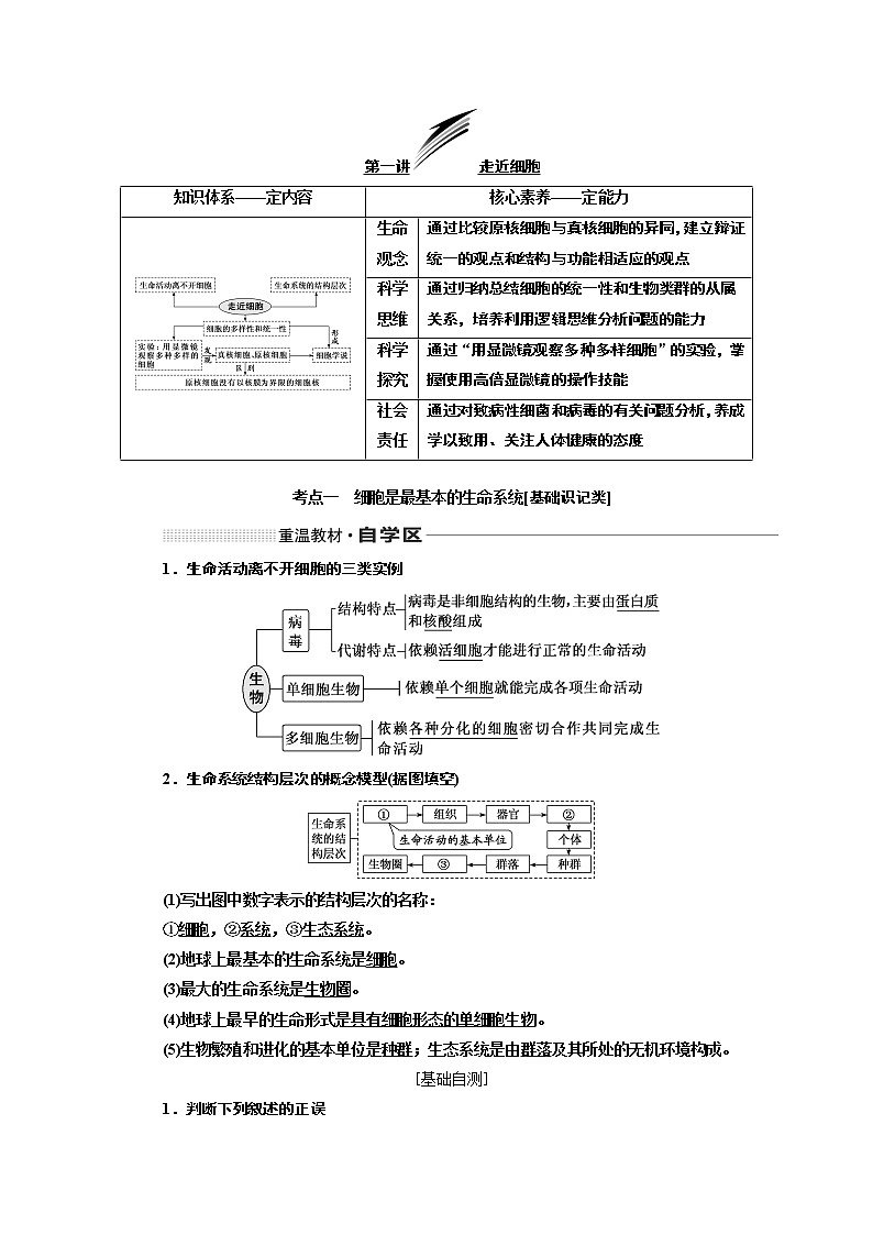 2020版一轮复习生物通用版学案：第一单元第一讲走近细胞01