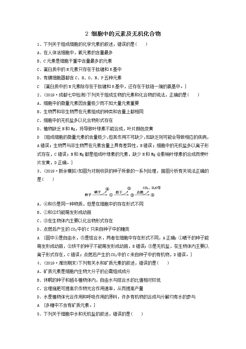 2021届高考生物新人教版一轮复习课后集训：2细胞中的元素及无机化合物第1页