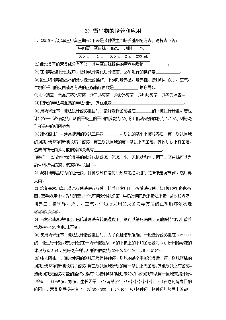 2021届高考生物新人教版一轮复习课后集训：37微生物的培养和应用 学案01
