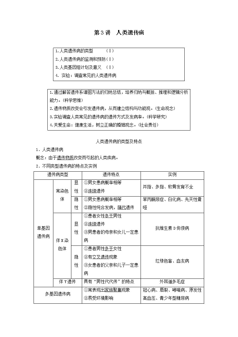 2021届高考生物新人教版一轮复习学案：第7单元生物的变异、育种与进化第3讲人类遗传病01