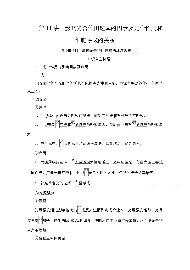 2021高三统考人教生物一轮（经典版）学案：必修1第3单元第11讲　影响光合作用速率的因素及光合作用和细胞呼吸的关系第1页