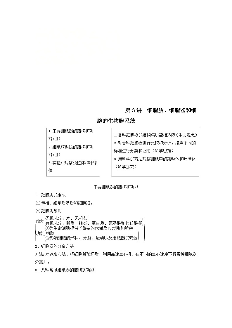 2021届高考生物苏教版一轮复习学案：第2单元细胞的结构和功能第3讲细胞质、细胞器和细胞的生物膜系统第1页