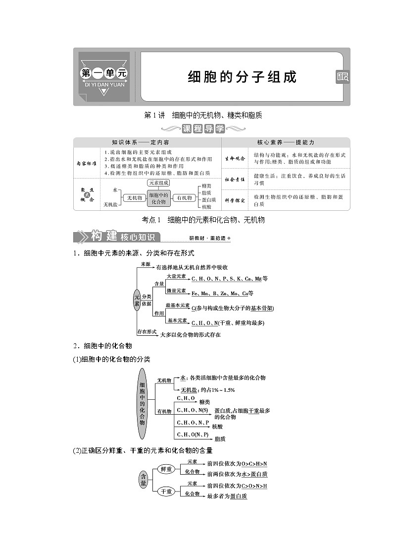 2021版新高考选考生物一轮复习通用版学案：第1讲　细胞中的无机物、糖类和脂质第1页