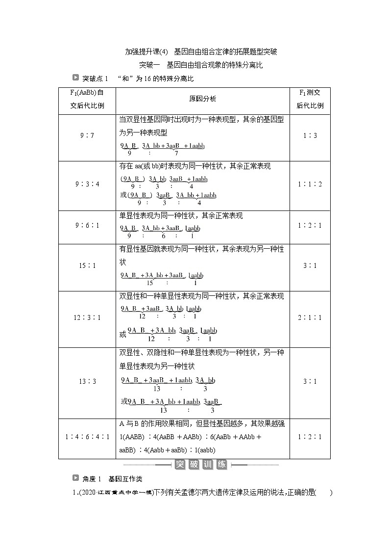 2021版新高考选考生物一轮复习通用版学案：加强提升课（4）　基因自由组合定律的拓展题型突破01