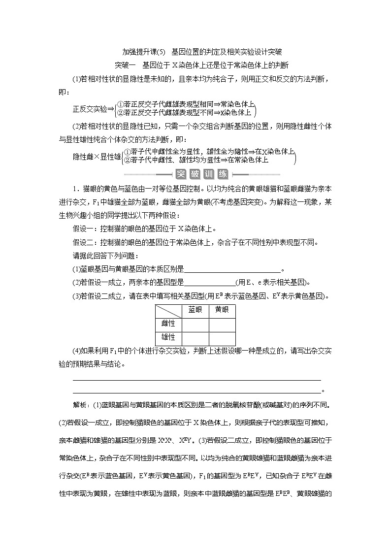 2021版新高考选考生物一轮复习通用版学案：加强提升课（5）　基因位置的判定及相关实验设计突破01