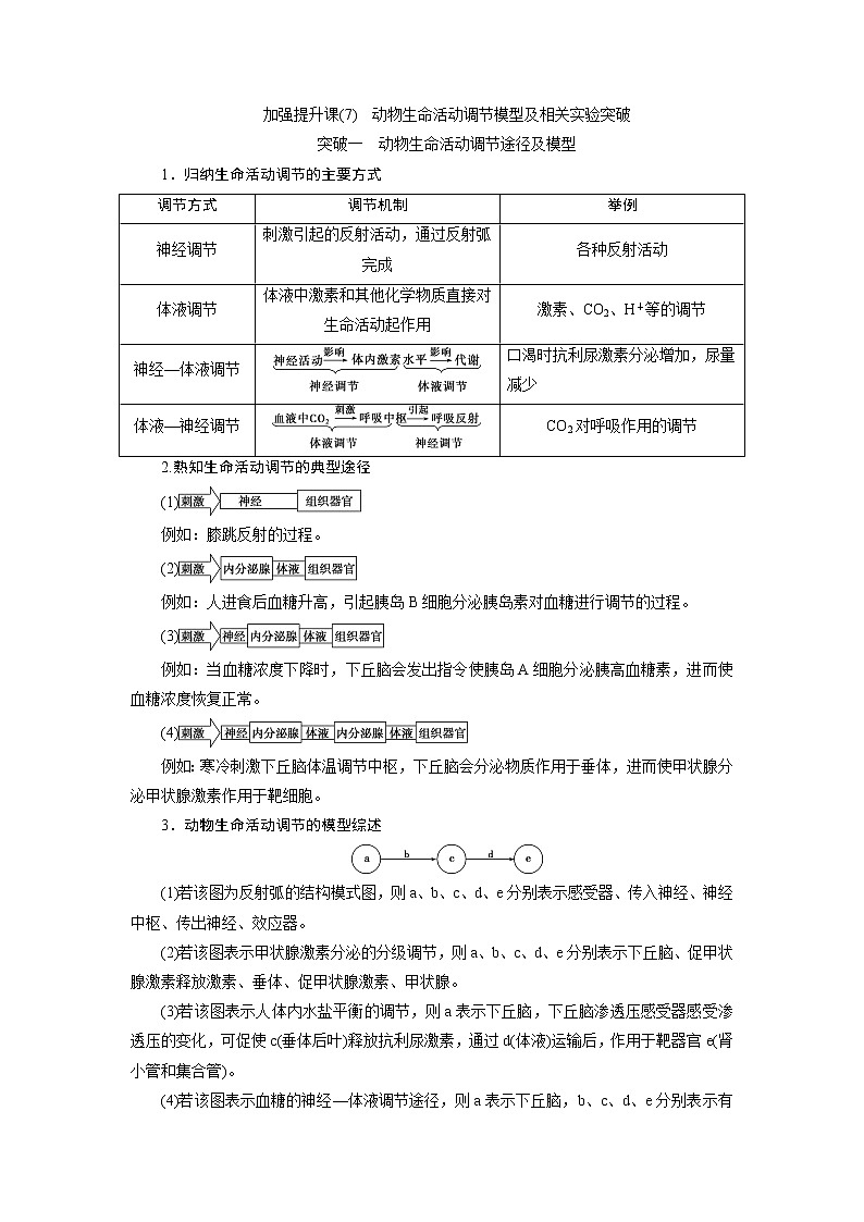 2021版新高考选考生物一轮复习通用版学案：加强提升课（7）　动物生命活动调节模型及相关实验突破　高效作业知能提升第1页