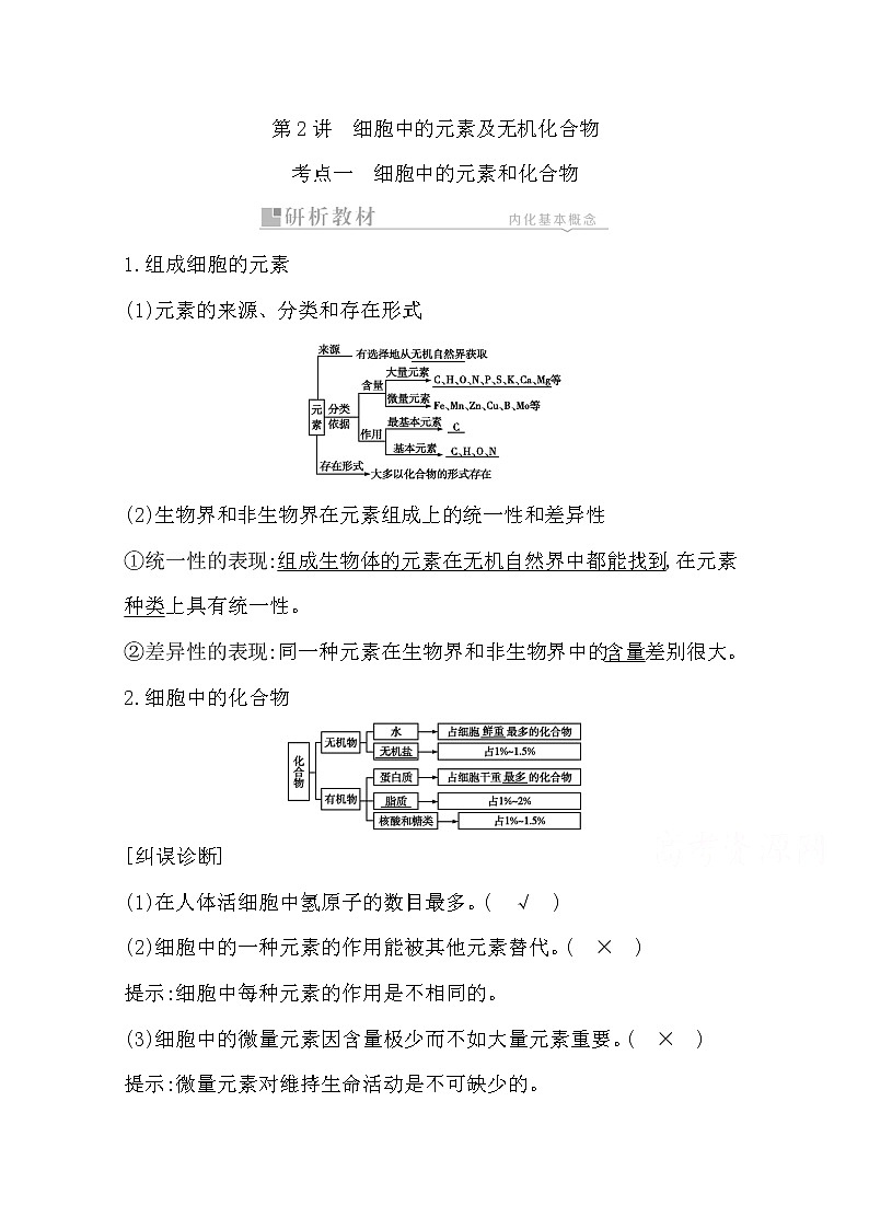 2021高考生物人教版一轮教师用书第一单元第2讲　细胞中的元素及无机化合物第1页