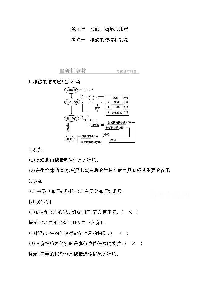 2021高考生物人教版一轮教师用书第一单元第4讲　核酸、糖类和脂质01