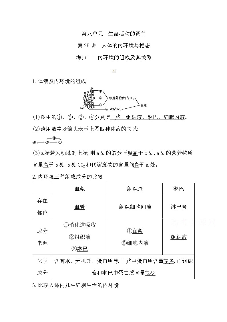2021高考生物人教版一轮教师用书第八单元第25讲　人体的内环境与稳态第1页