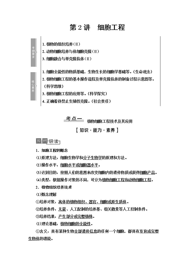2021版高考生物（苏教版）一轮复习学案：选修3第2讲　细胞工程01
