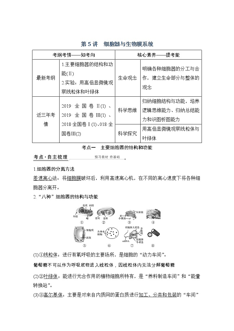 2021版高考生物突破大一轮新高考苏教版讲义：第二单元第5讲细胞器与生物膜系统第1页