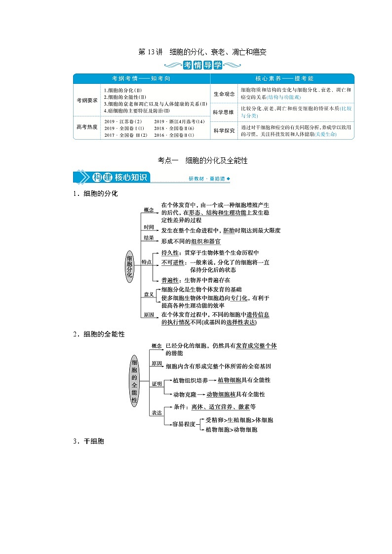 2021版高考生物（人教版）一轮复习学案：第四单元　第13讲　细胞的分化、衰老、凋亡和癌变第1页