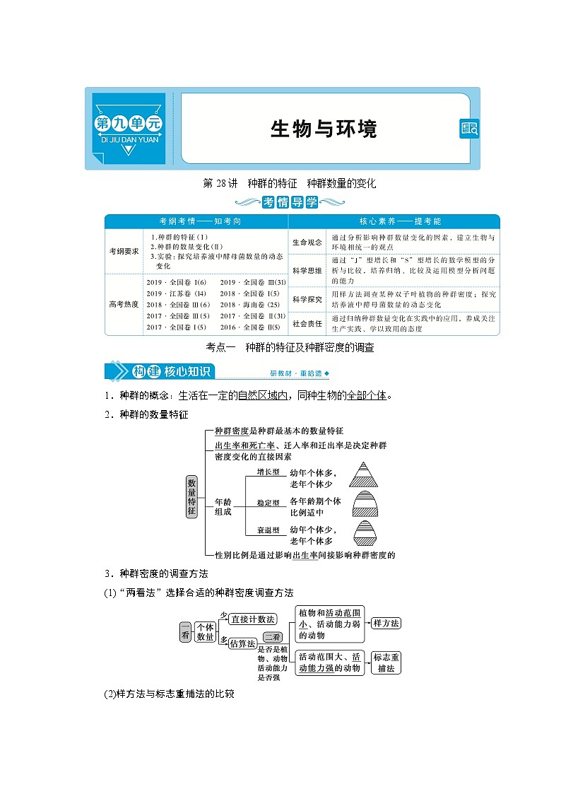 2021版高考生物（人教版）一轮复习学案：第九单元　第28讲　种群的特征　种群数量的变化第1页