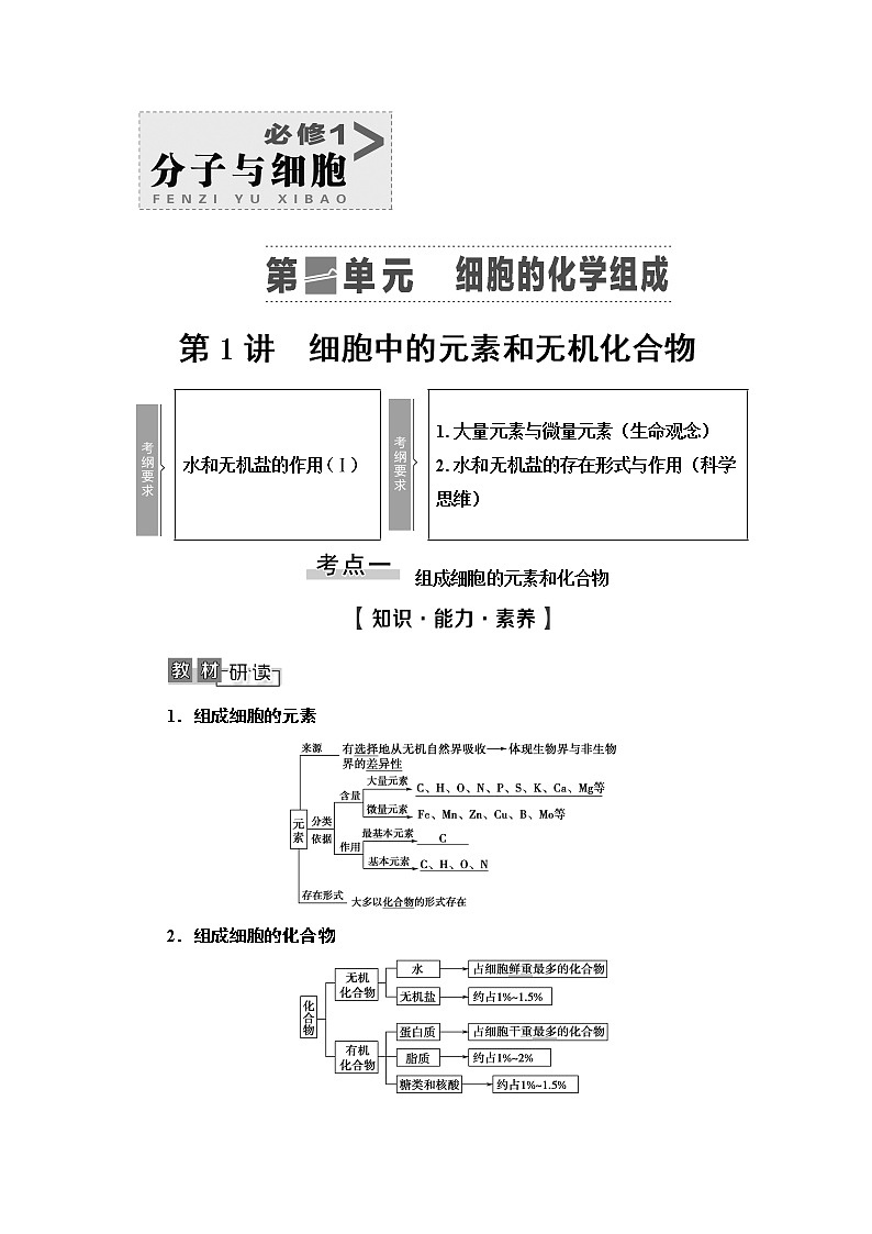 2021版高考生物（苏教版）一轮复习学案：必修1第1单元第1讲　细胞中的元素和无机化合物01