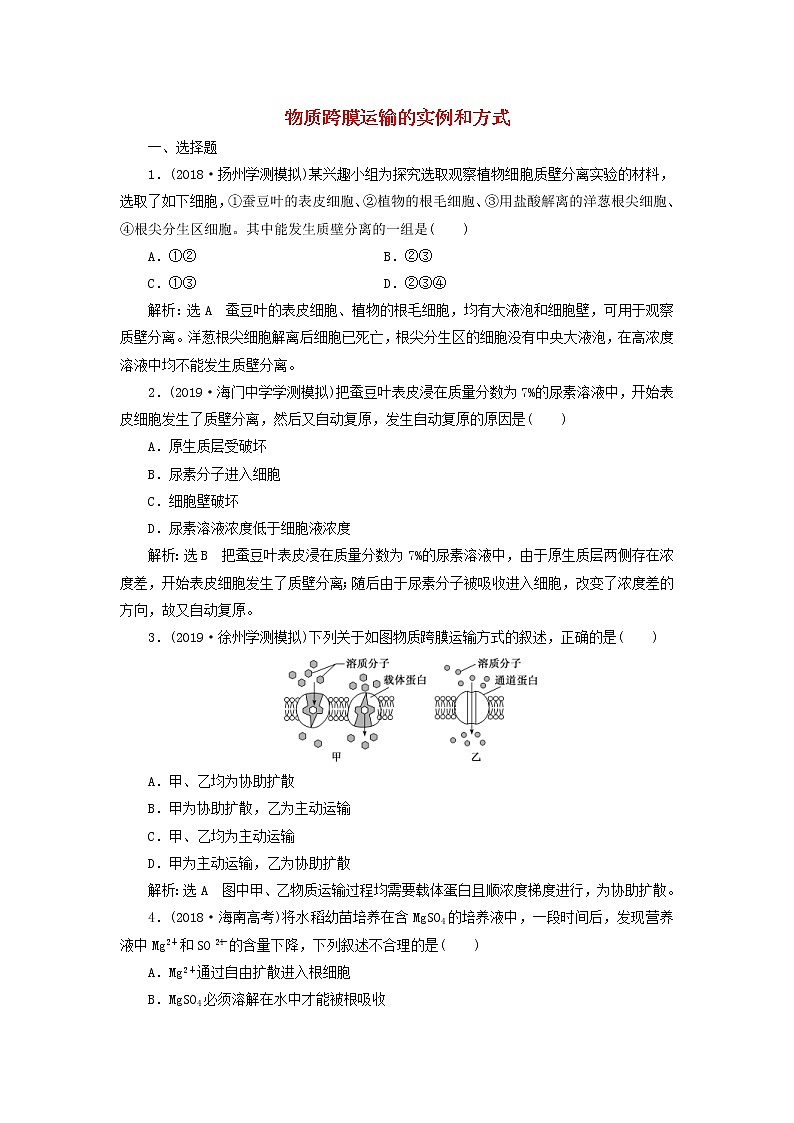(江苏专版)2020版高考生物一轮复习课时跟踪检测07《物质跨膜运输的实例和方式》(含解析)第1页