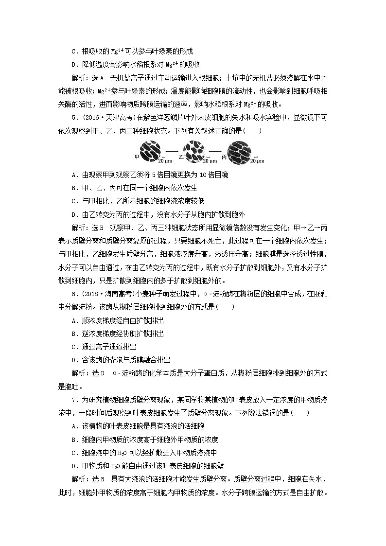 (江苏专版)2020版高考生物一轮复习课时跟踪检测07《物质跨膜运输的实例和方式》(含解析)第2页