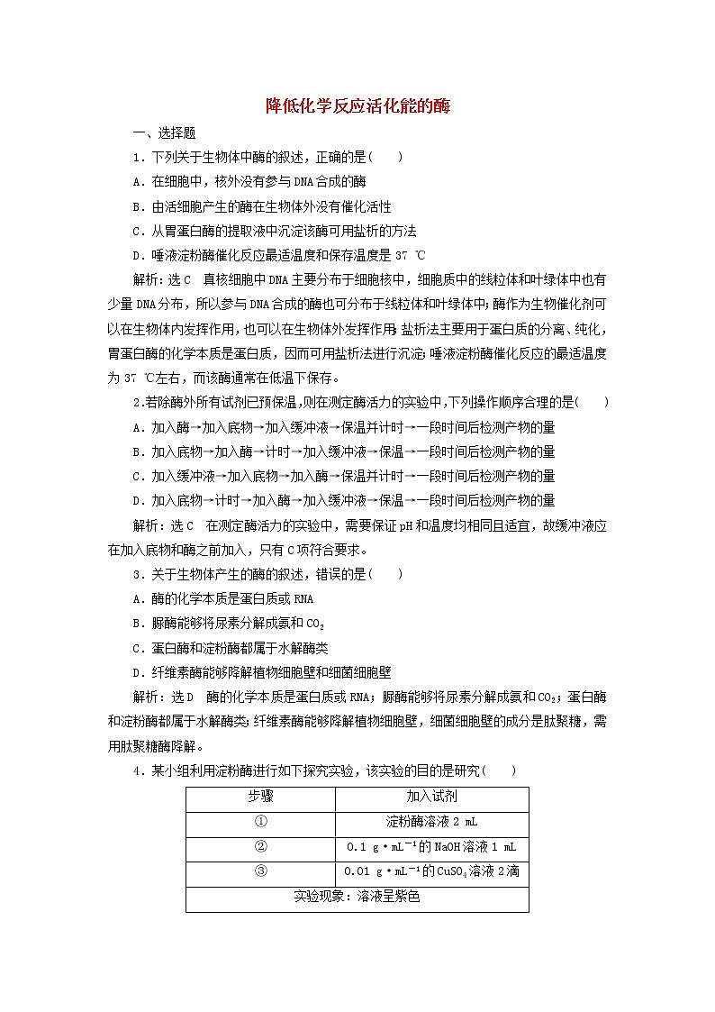 (江苏专版)2020版高考生物一轮复习课时跟踪检测08《降低化学反应活化能的酶》(含解析)第1页