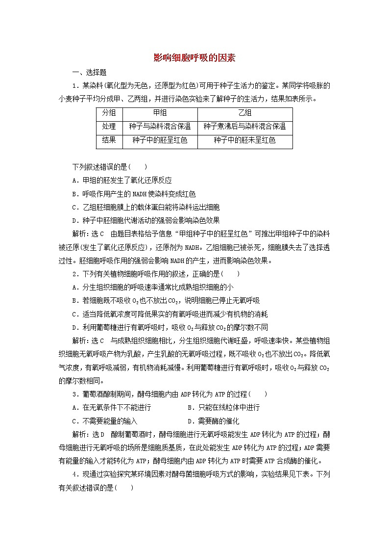 (江苏专版)2020版高考生物一轮复习课时跟踪检测10《影响细胞呼吸的因素》(含解析)第1页