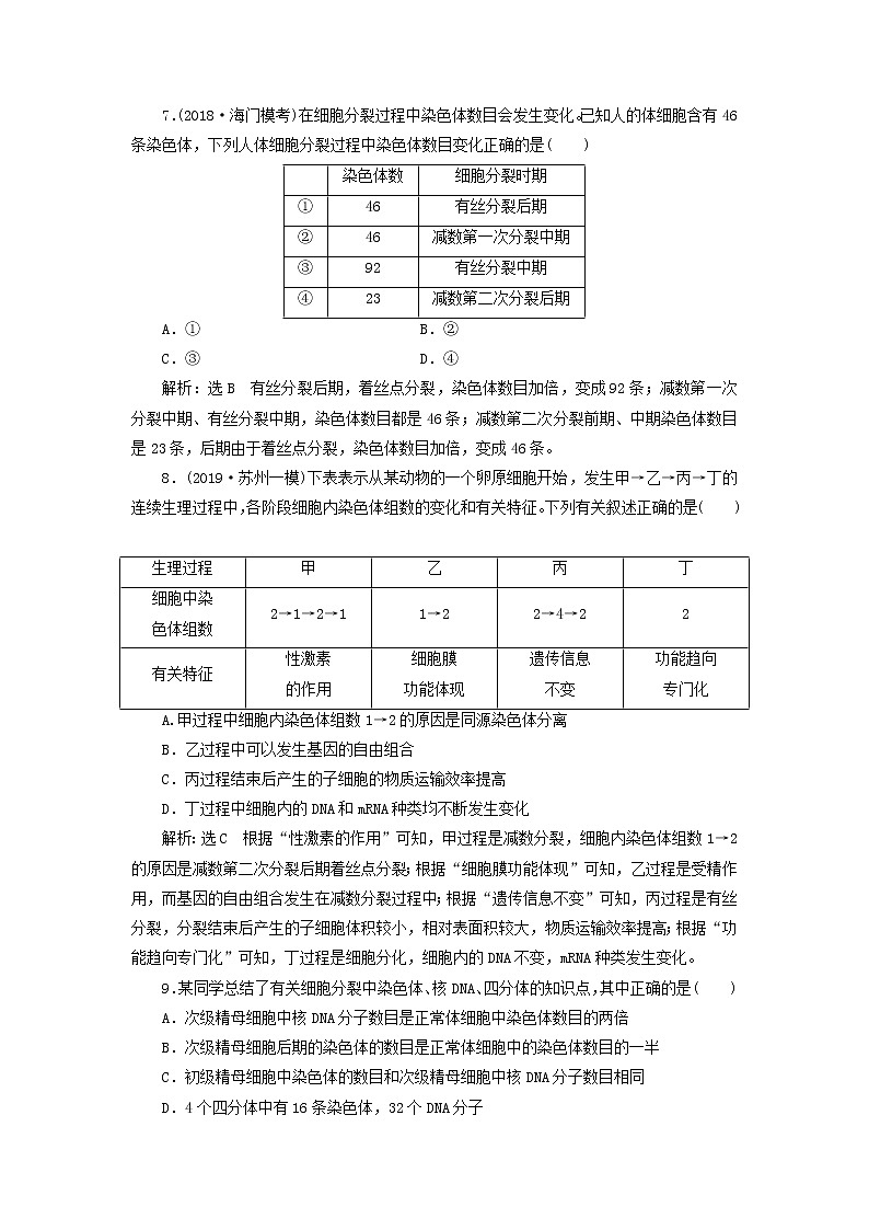 (江苏专版)2020版高考生物一轮复习课时跟踪检测14《减数分裂和受精作用》(含解析)第3页