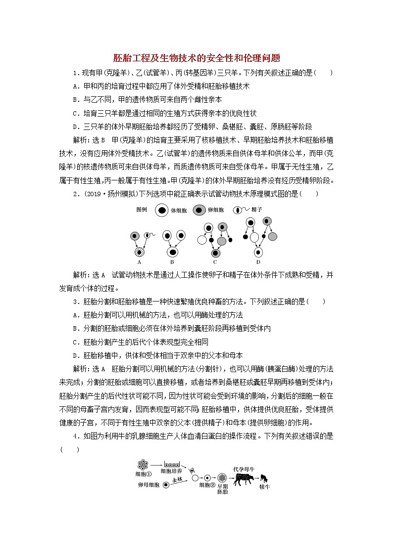 (江苏专版)2020版高考生物一轮复习课时跟踪检测44《胚胎工程及生物技术的安全性和伦理问题》(含解析)01