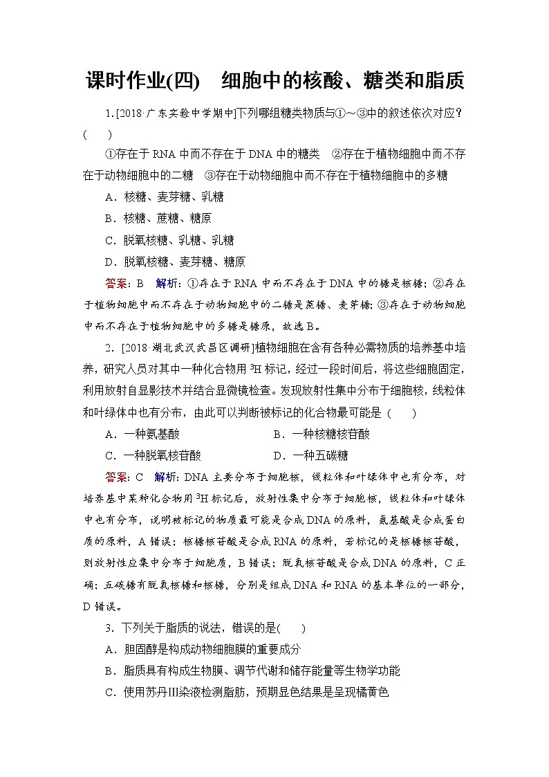 2019届高考生物一轮复习：课时作业4细胞中的核酸、糖类和脂质（含解析） 练习01