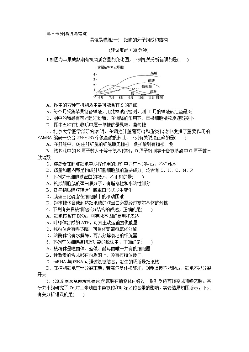 2019年高考生物二轮习题：易混易错练01细胞的分子组成和结构 Word版含解析第1页