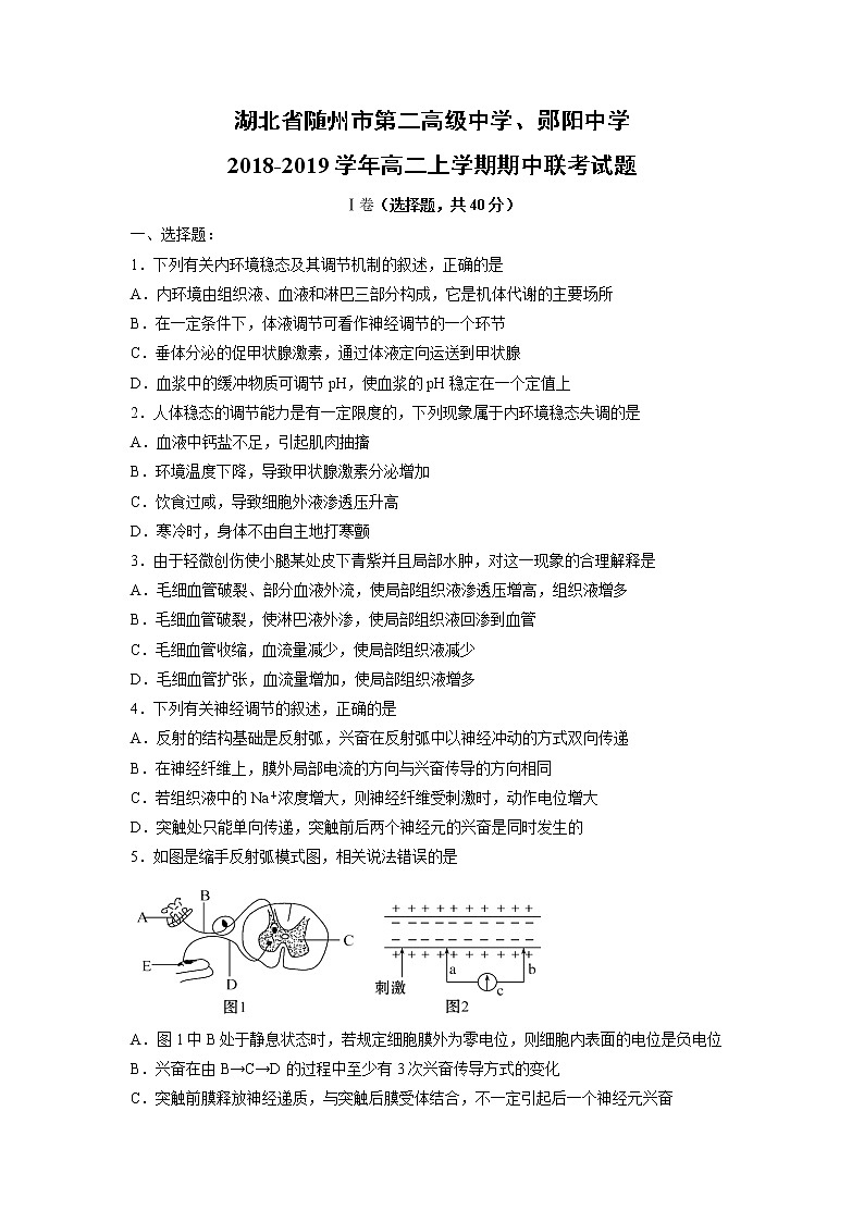 【生物】湖北省随州市第二高级中学、郧阳中学2018-2019学年高二上学期期中联考试题01
