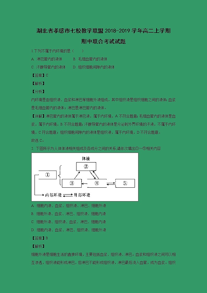 【生物】湖北省孝感市七校教学联盟2018-2019学年高二上学期期中联合考试试题 （解析版）01