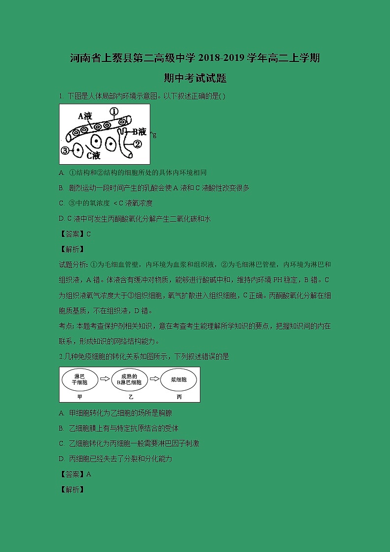 【生物】河南省上蔡县第二高级中学2018-2019学年高二上学期期中考试试题 （解析版）第1页