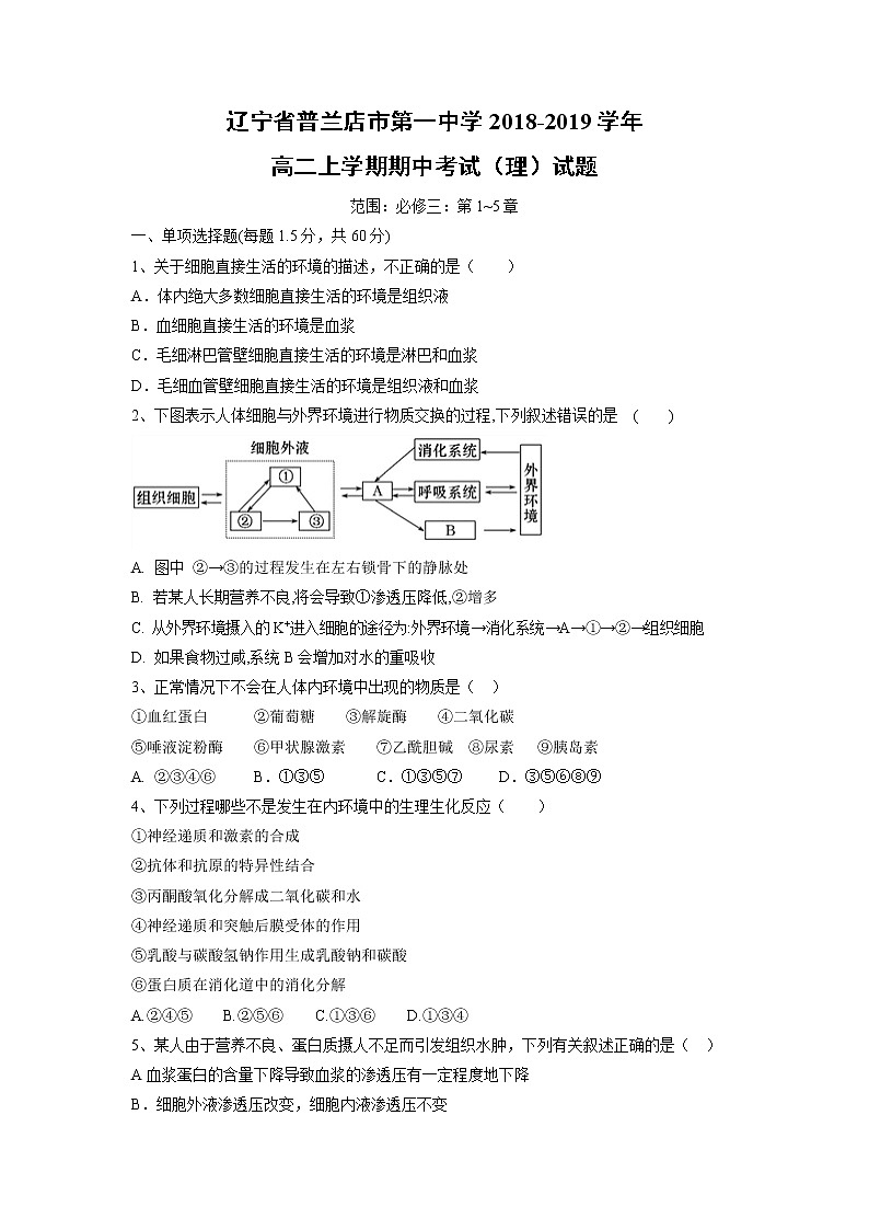 【生物】辽宁省普兰店市第一中学2018-2019学年高二上学期期中考试（理）试题01