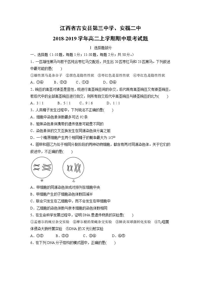 【生物】江西省吉安县第三中学、安福二中2018-2019学年高二上学期期中联考试题第1页