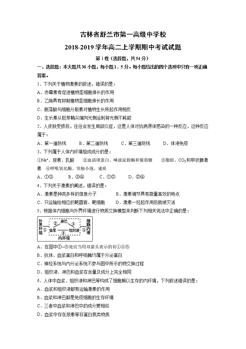 【生物】吉林省舒兰市第一高级中学校2018-2019学年高二上学期期中考试试题第1页