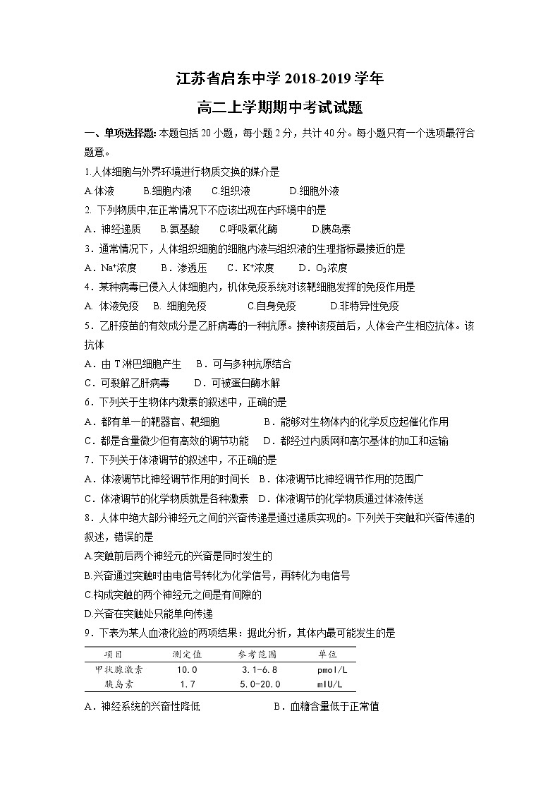 【生物】江苏省启东中学2018-2019学年高二上学期期中考试试题第1页