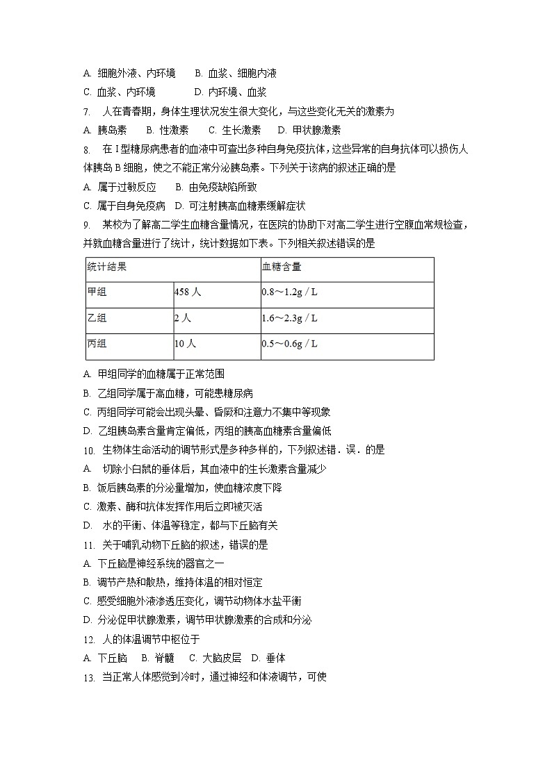 【生物】安徽省巢湖市柘皋中学2018-2019学年高二上学期期中考试试题02