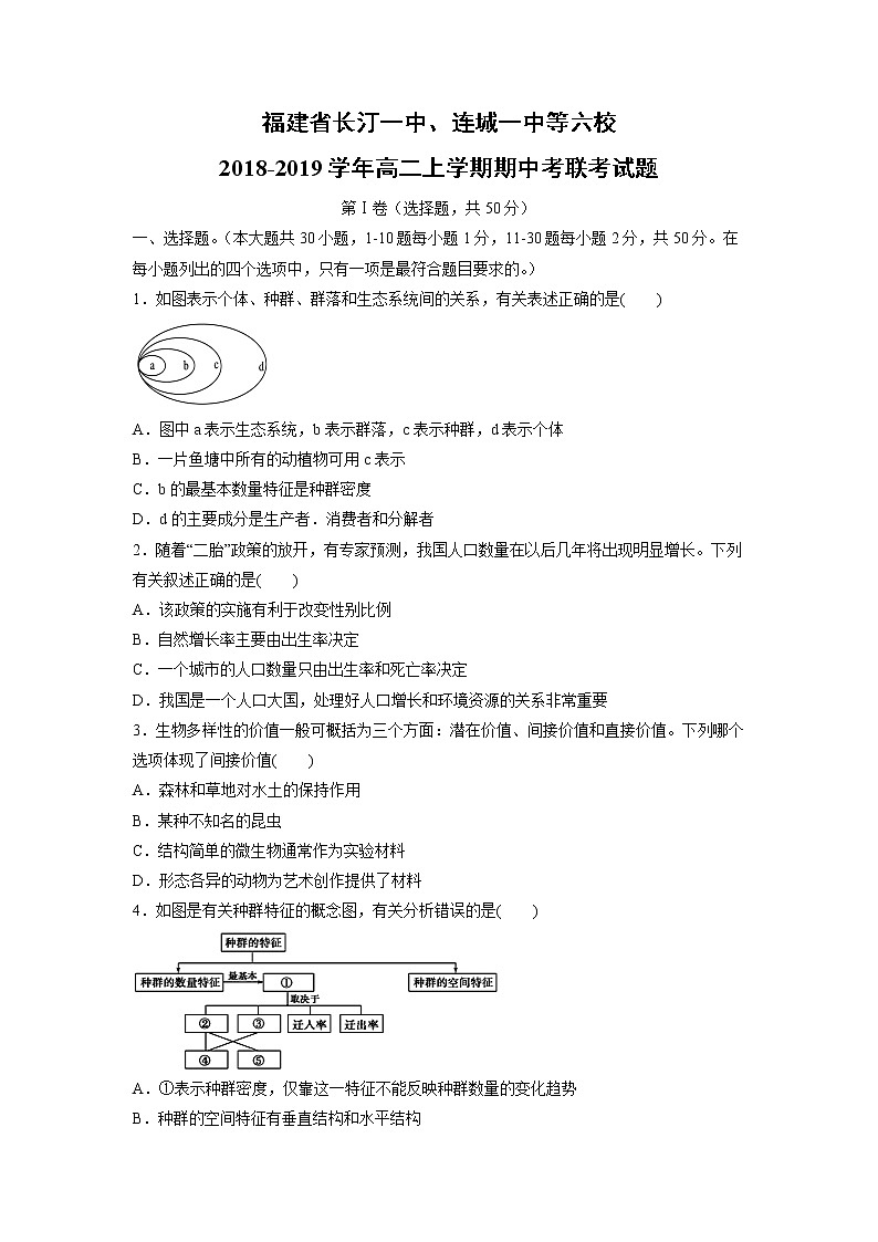 【生物】福建省长汀一中、连城一中等六校2018-2019学年高二上学期期中考联考试题01