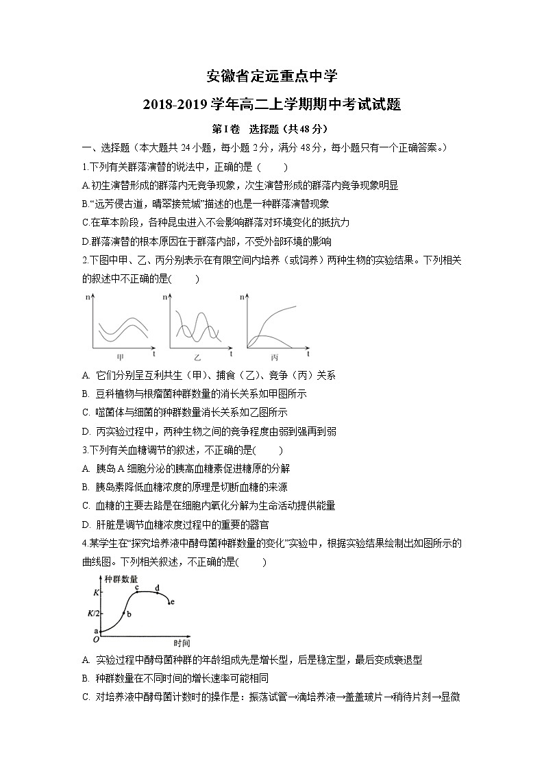 【生物】安徽省定远重点中学2018-2019学年高二上学期期中考试试题01