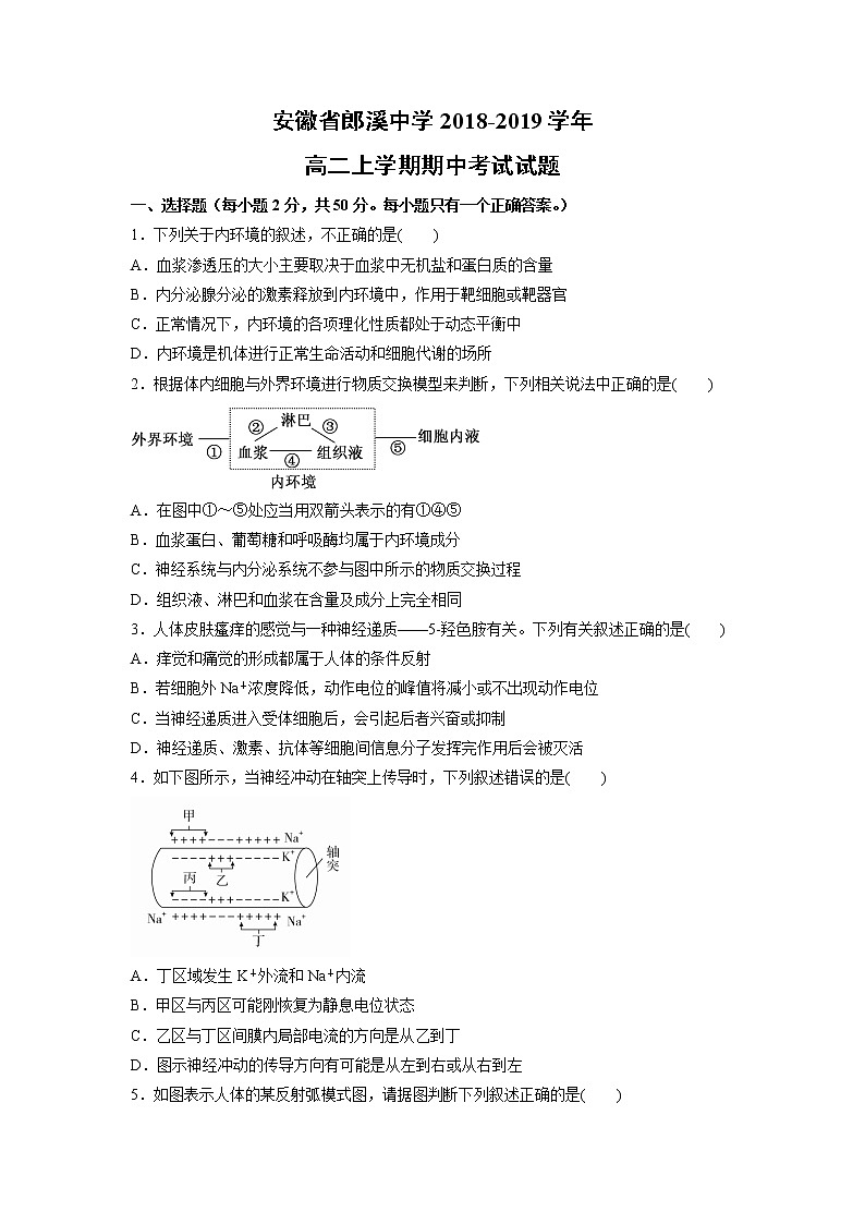 【生物】安徽省郎溪中学2018-2019学年高二上学期期中考试试题01