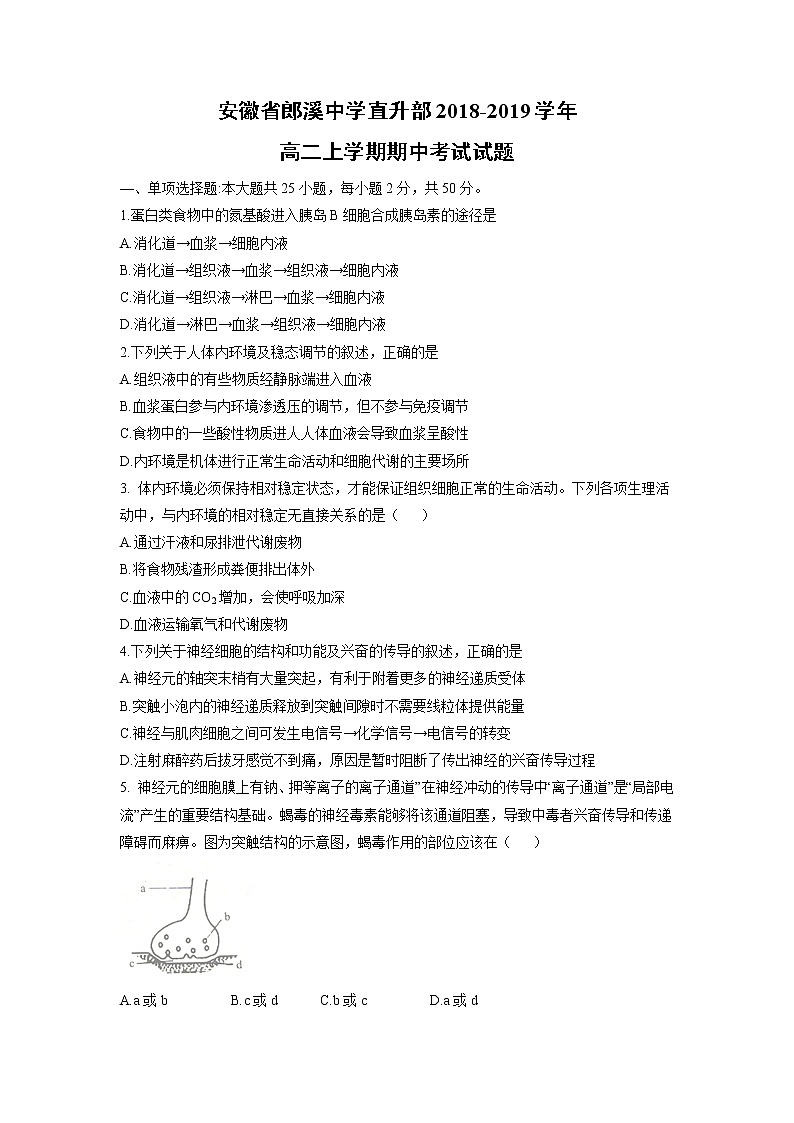 【生物】安徽省郎溪中学直升部2018-2019学年高二上学期期中考试试题01