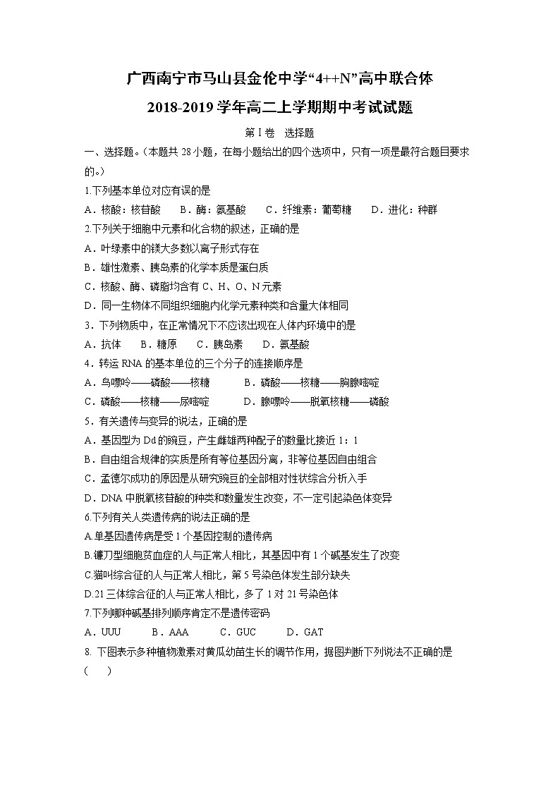 【生物】广西南宁市马山县金伦中学“4  N”高中联合体2018-2019学年高二上学期期中考试试题01