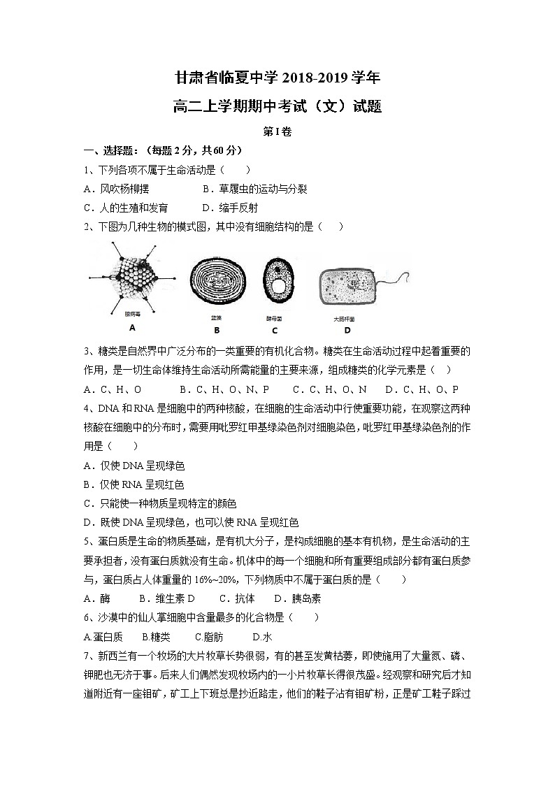 【生物】甘肃省临夏中学2018-2019学年高二上学期期中考试（文）试题01