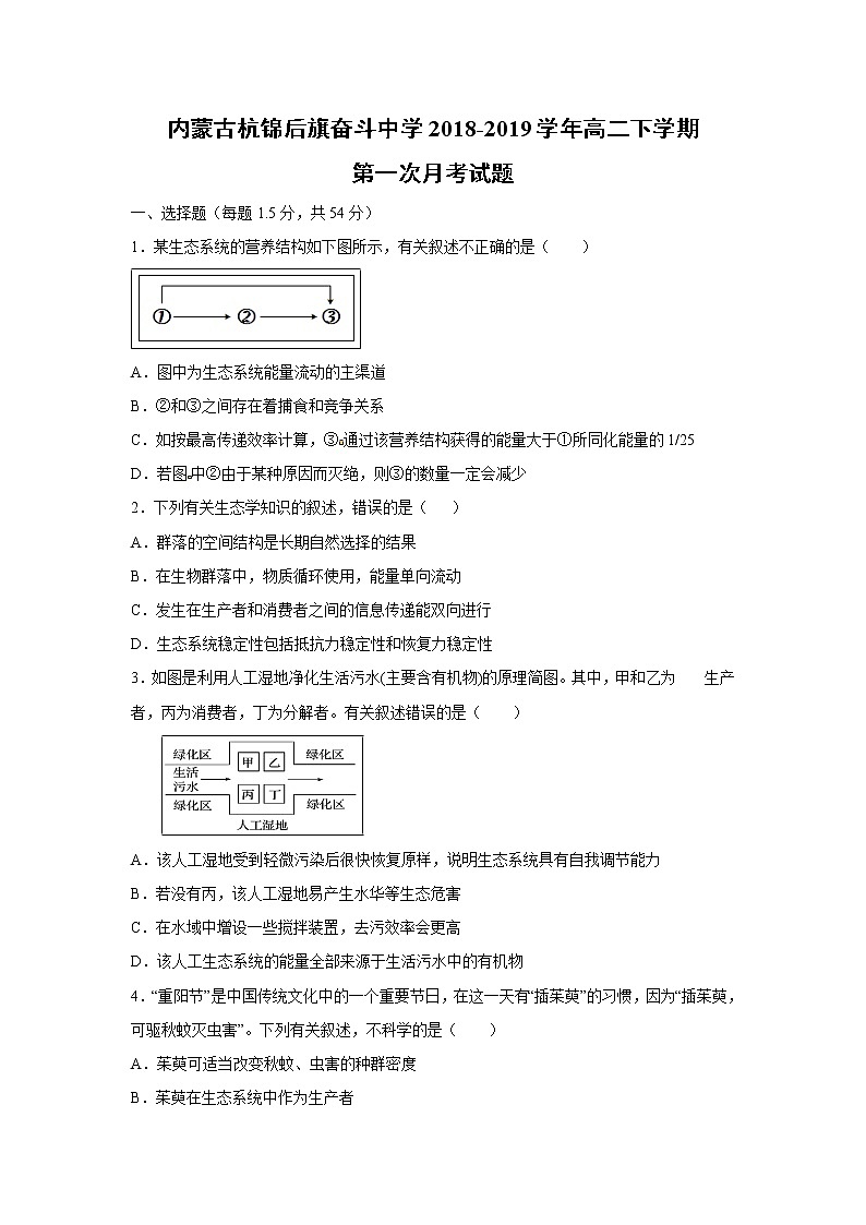 【生物】内蒙古杭锦后旗奋斗中学2018-2019学年高二下学期第一次月考试题01