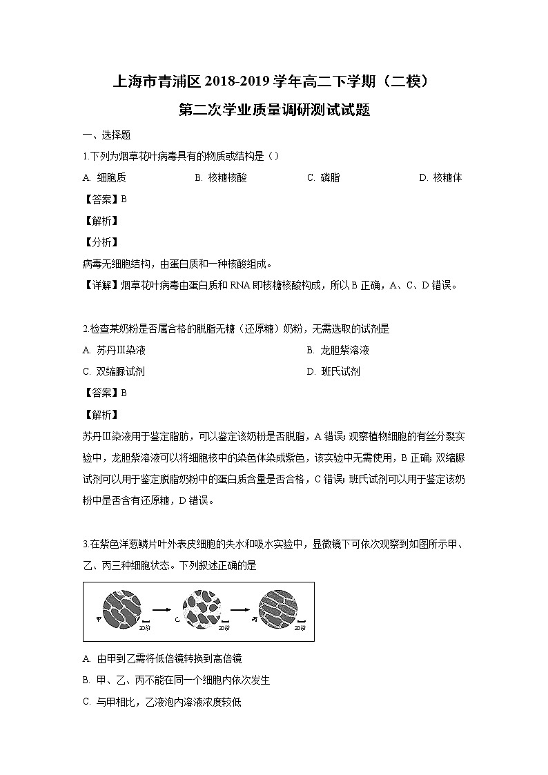 【生物】上海市青浦区2018-2019学年高二下学期（二模）第二次学业质量调研测试试题 （解析版）第1页