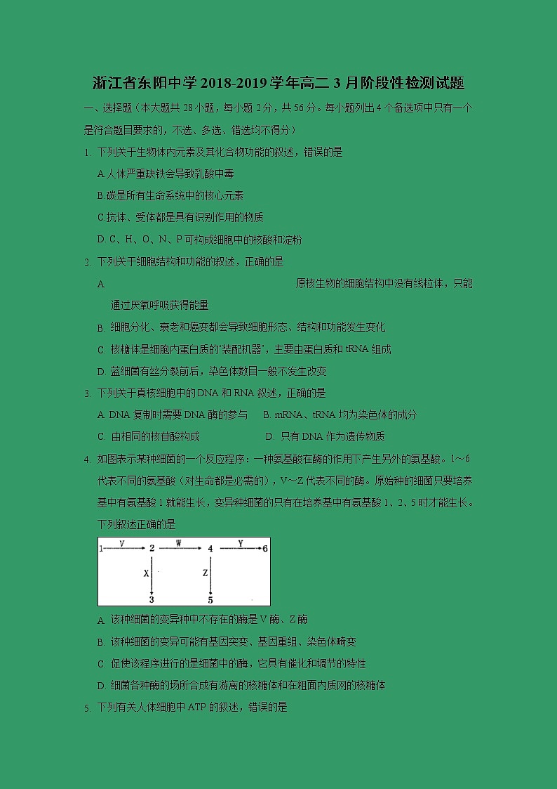 【生物】浙江省东阳中学2018-2019学年高二3月阶段性检测试题01