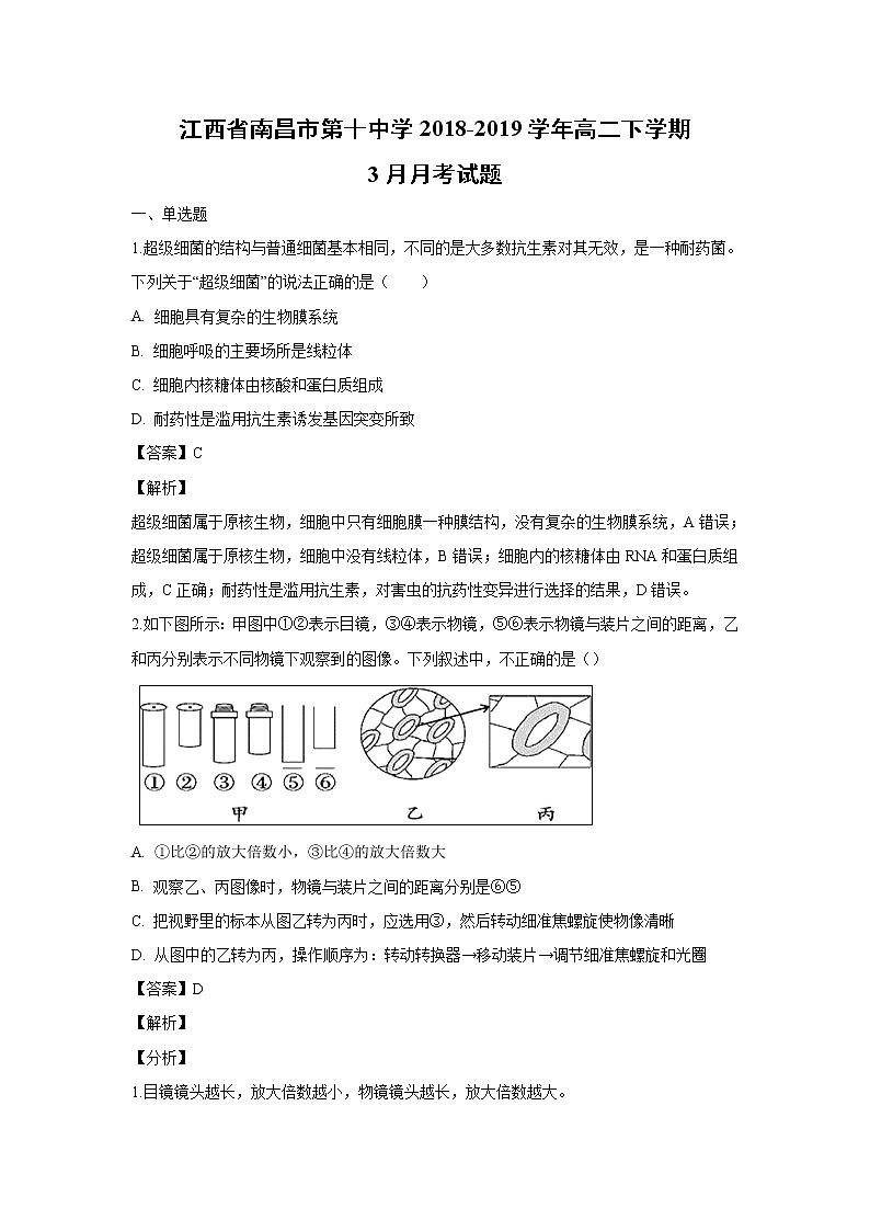 【生物】江西省南昌市第十中学2018-2019学年高二下学期3月月考试题（解析版）01