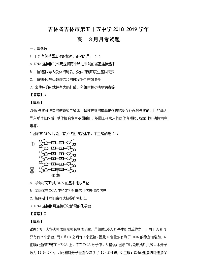 【生物】吉林省吉林市第五十五中学2018-2019学年高二3月月考试题（解析版）第1页