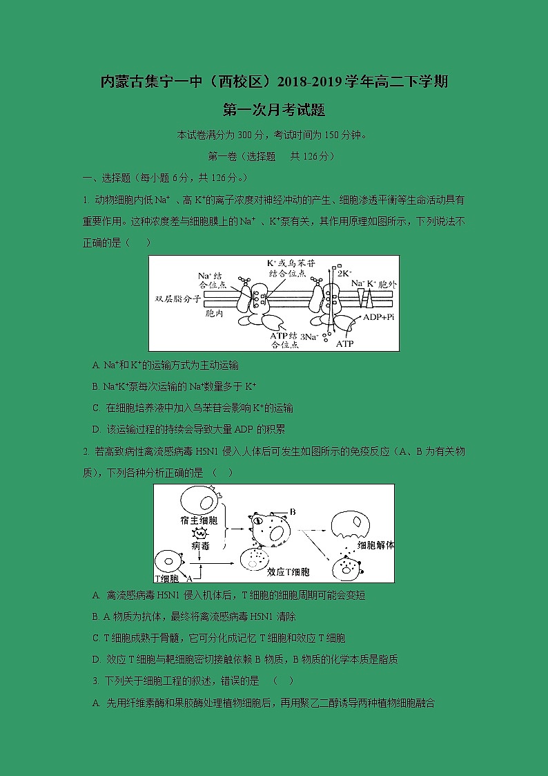 【生物】内蒙古集宁一中（西校区）2018-2019学年高二下学期第一次月考试题01