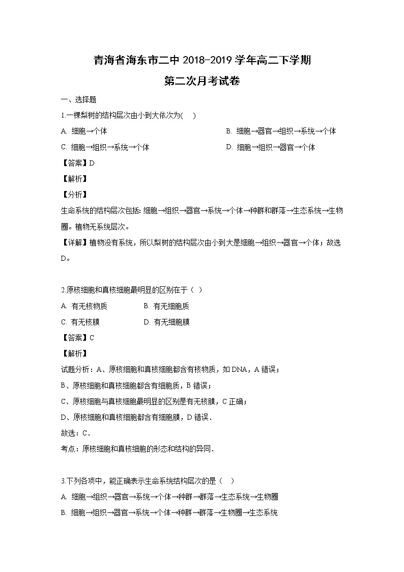 【生物】青海省海东市二中2018-2019学年高二下学期第二次月考试卷（解析版）01