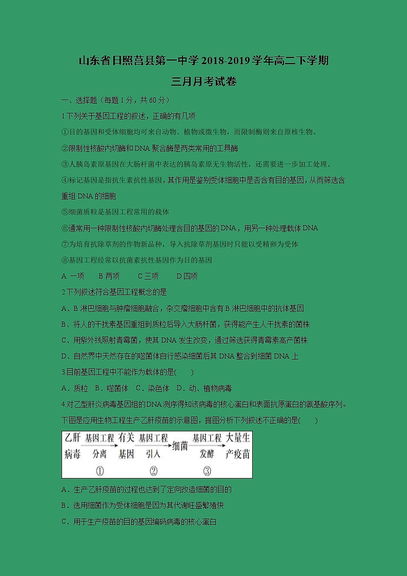 【生物】山东省日照莒县第一中学2018-2019学年高二下学期三月月考试卷01