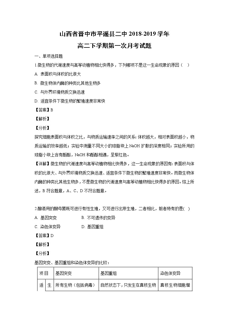 【生物】山西省晋中市平遥县二中2018-2019学年高二下学期第一次月考试题（解析版）01