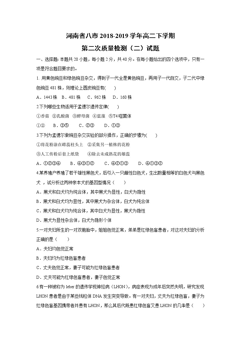 【生物】河南省八市2018-2019学年高二下学期第二次质量检测（二）试题第1页